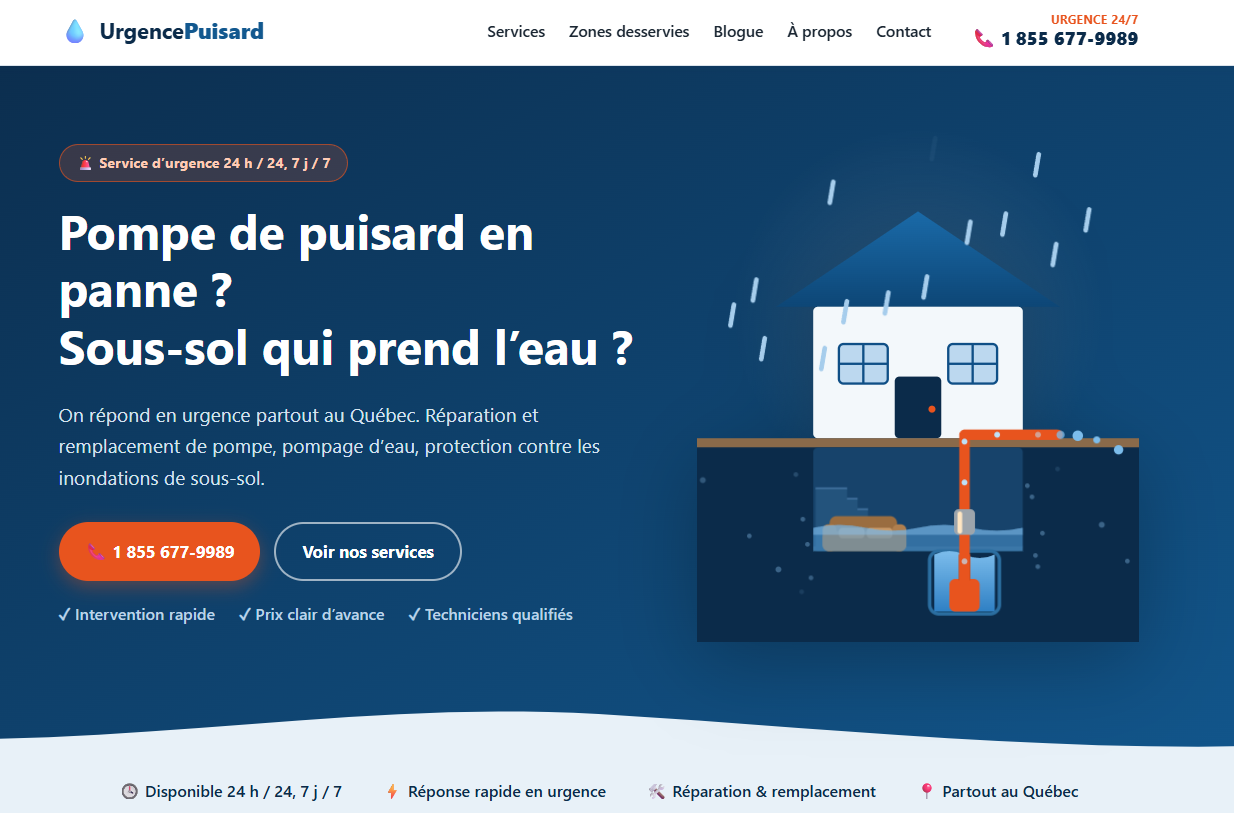 Aperçu du site urgencepuisard.ca — un site de génération de leads bâti et opéré par ProspectFlow